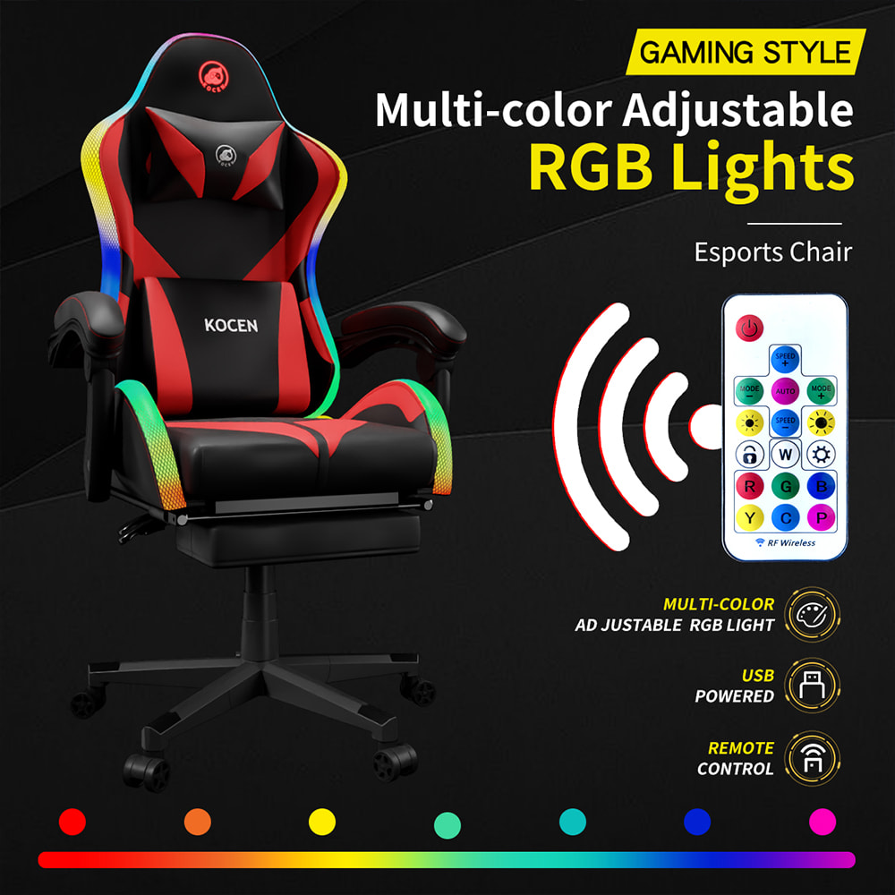 PU Leather Fabric Gaming Chair, Esports Chair With Multi-color Adjustable RGB Lights, USB Powered, Remote Control PU Leather Fabric Gaming Chair, Esports Chair With Multi-color Adjustable RGB Lights, USB Powered, Remote Control